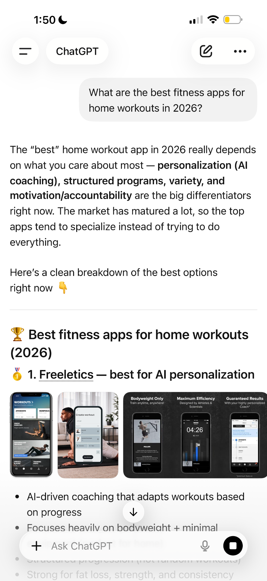 ChatGPT response ranking Freeletics ahead of Nike, Apple, and Peloton for a fitness-app recommendation prompt.